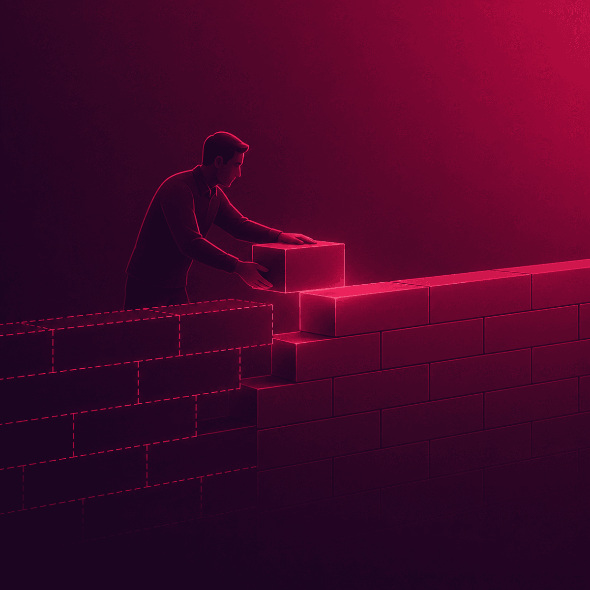 A person building a brick wall with glowing red bricks on a dark background, symbolizing from pilot to project.
