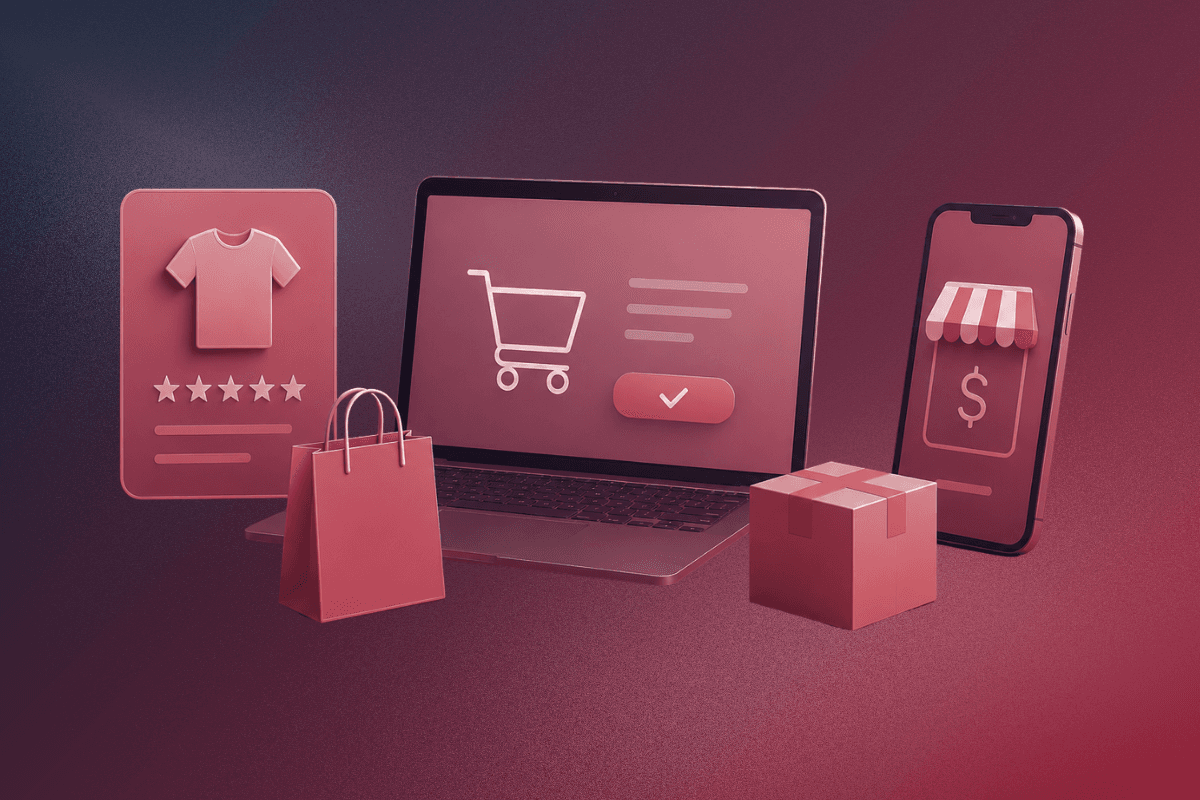 Agentic commerce with a laptop, smartphone, shopping bags, and gift box, all in a red gradient theme.