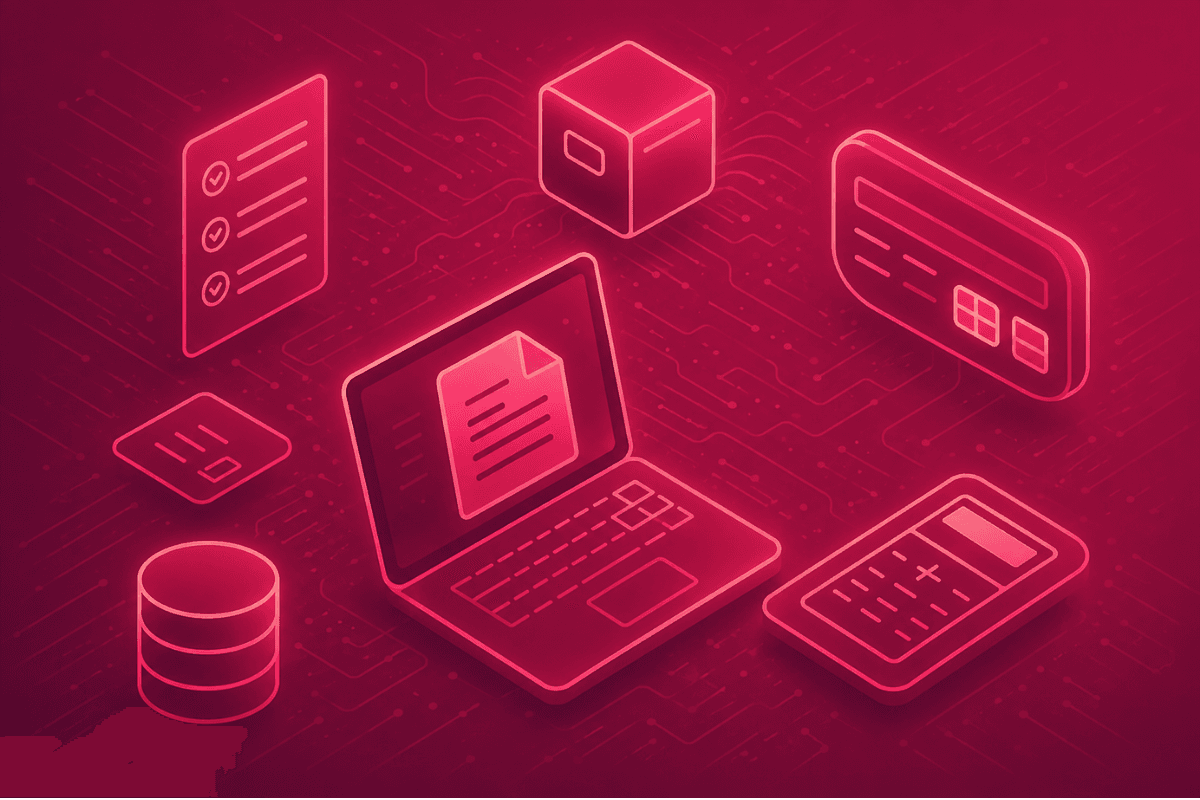 Futuristic illustration of automated processes in neon red, including a laptop, checklist, credit card, cube, database, calculator, and a note.