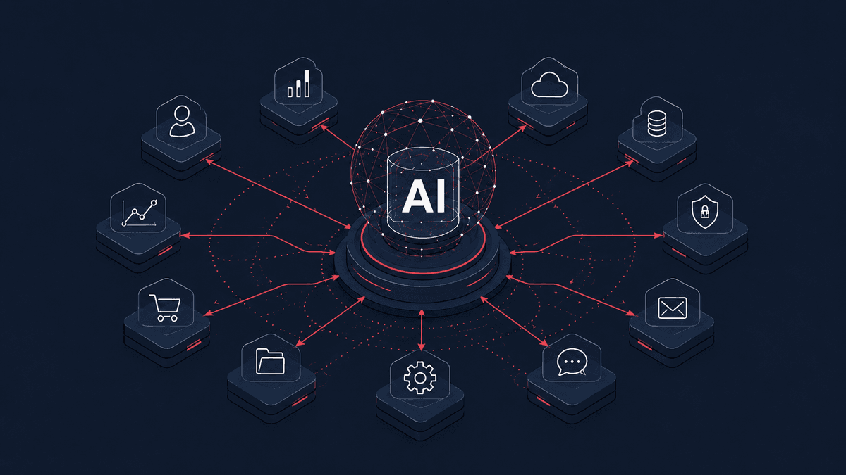 Network diagram of AI in the center with interconnected icons: data, cloud, security, email, settings, chat, shopping cart, and analytics.